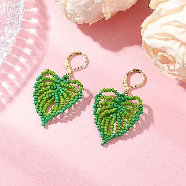 Leaf Handmade Glass Seed Beads Leverback Earrings