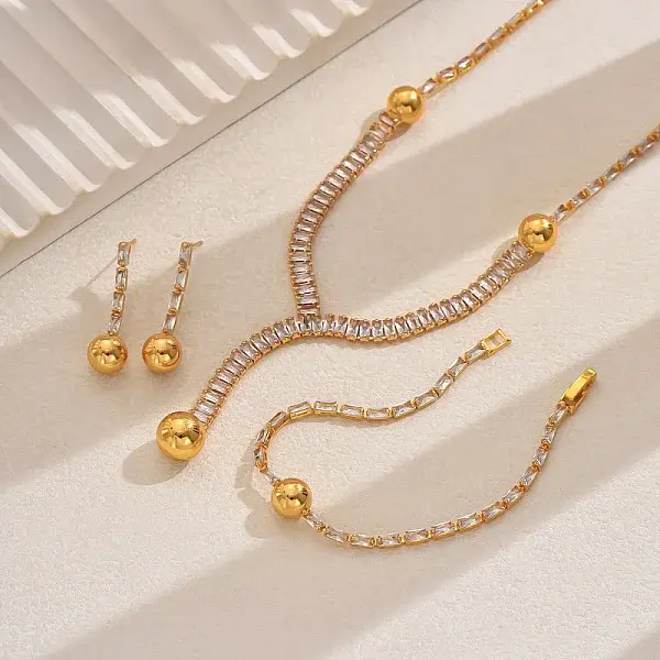 Round Brass Pave Cubic Zirconia Stud Earrings & Necklaces & Bracelets Sets for Women's Banquets and Weddings