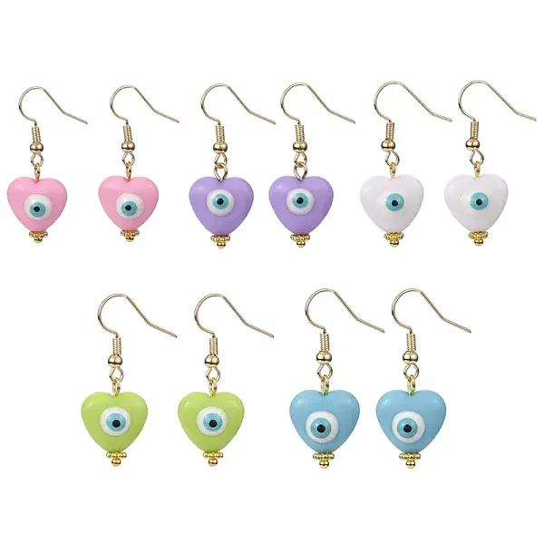 Resin Heart with Evil Eye Dangle Earrings