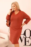 Kesi Włoski Dámské šaty Plus Size máslové s výstřihem do V a rukávem hnědé