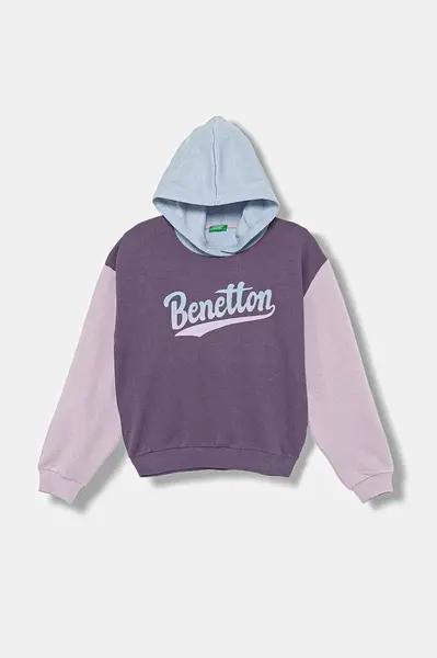 Dětská bavlněná mikina United Colors of Benetton fialová barva, s kapucí, s potiskem, 3J68C204W