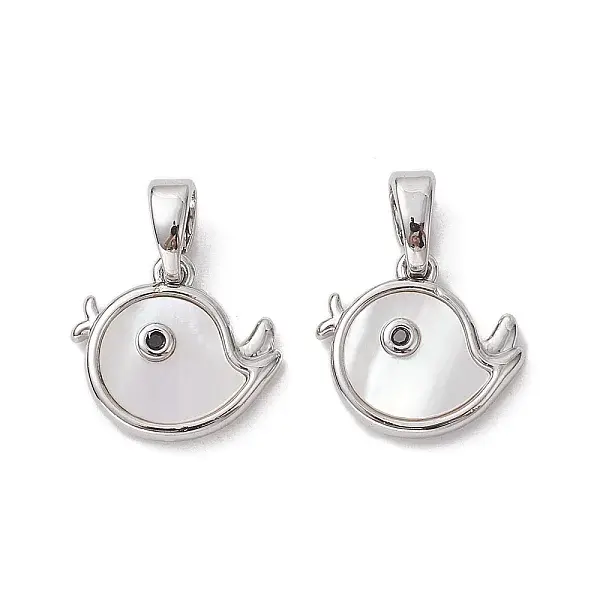 Rack Plating Brass Pave Shell Bird Charms with Black Cubic Zirconia