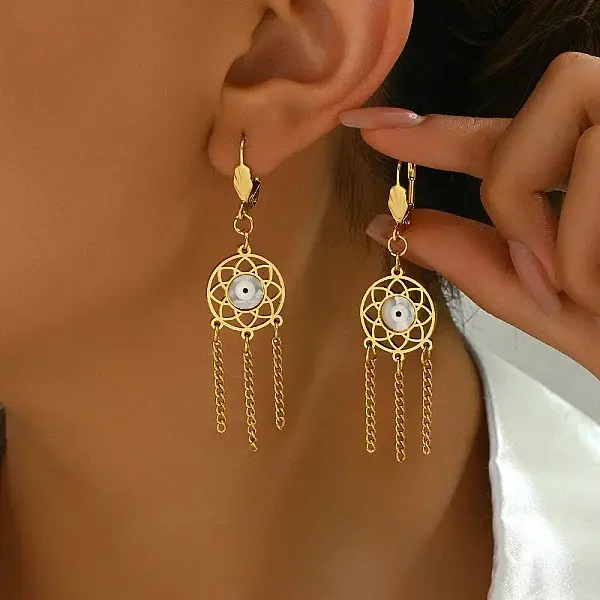 Bohemian Style 201 Stainless Steel Tassel Evil Eye Hoop Earrings for Women