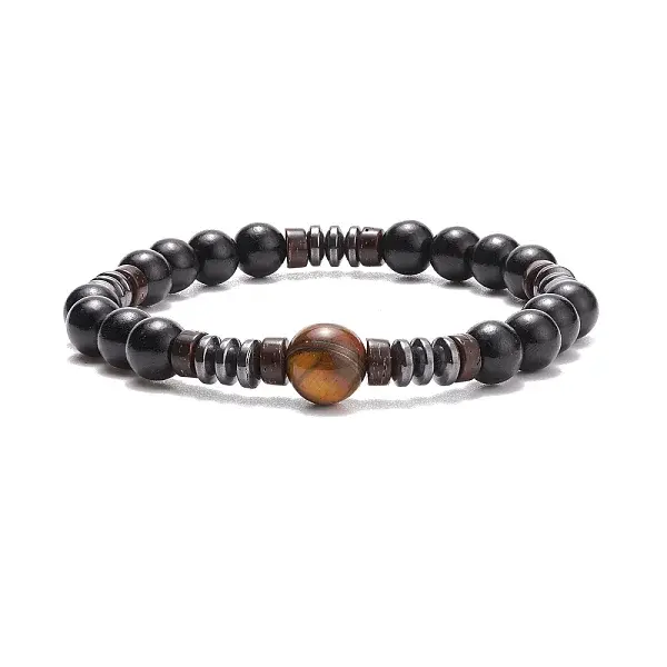 Natural Tiger Eye & Coconut & Wood Beaded Stretch Bracelet