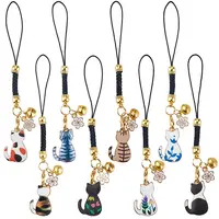 16Pcs 8 Style Cat Alloy Enamel Mobile Straps