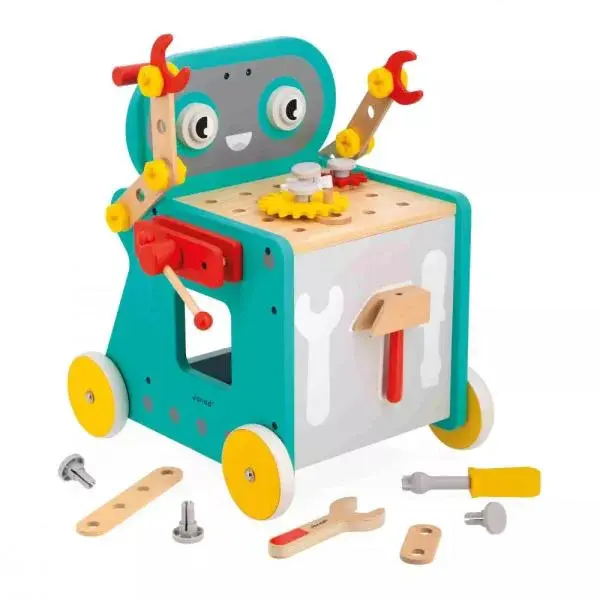 Janod BricoKids Dřevěné chodítko a vozík s nářadím Robot 38 ks
