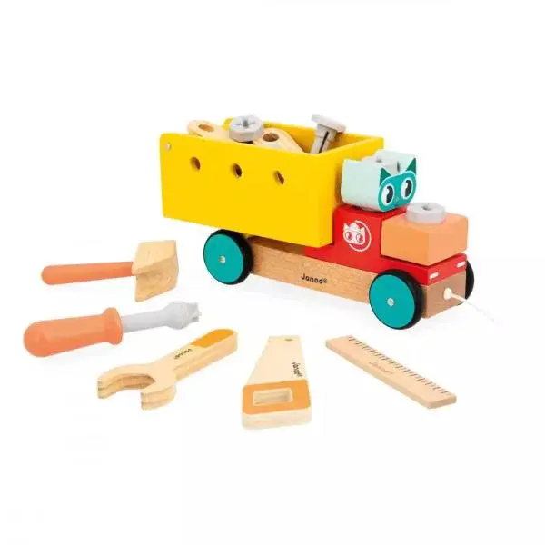 Janod BricoKids Dřevěná stavebnice tahací auto s nářadím