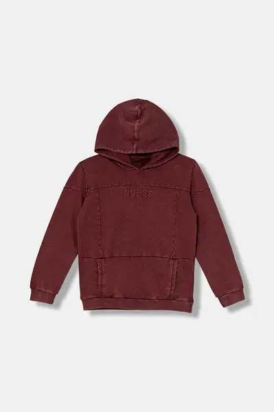 Dětská bavlněná mikina Guess vínová barva, s kapucí, hladká, L5YQ08 KAX74