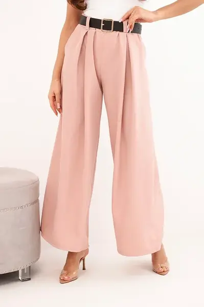 Kesi Włoski Dámské kalhoty s širokou nohavicí a páskem tmavě pudrově růžové