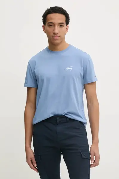 Bavlněné tričko Tommy Jeans modrá barva, s aplikací, DM0DM21140