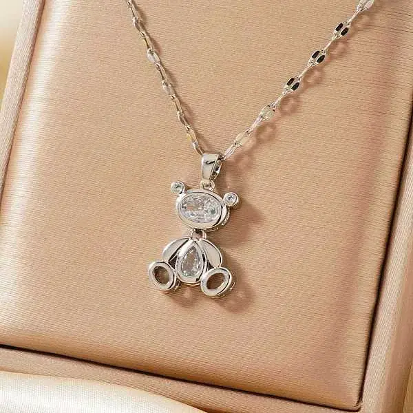 Brass Pave Clear Cubic Zirconia Cute 3D Bear Pendant Necklaces for Women