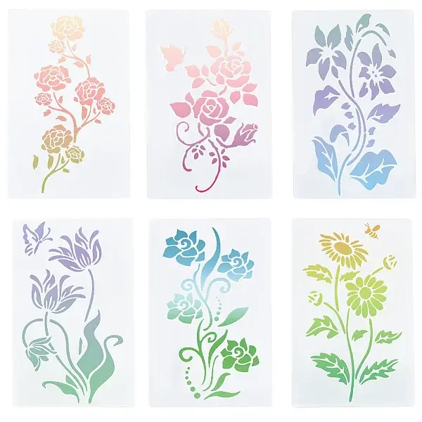 6Pcs 6 Styles Flower Theme PET Plastic Hollow Out Drawing Painting Stencils Templates