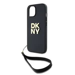Zaní kryt DKNY PU Leather Stack Logo Wrist Strap pro Apple iPhone 14, černá