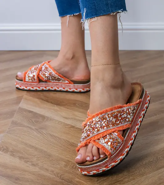 marka niezdefiniowana Orange flip-flops with rhinestones on the straps Kelara