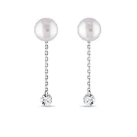 Perlové visiace náušnice 2v1 s diamantmi v bielom 14k zlate KLENOTA