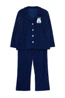 Trendyol Curve Navy Blue Polka Dot Shirt Collar Knitted Pajama Set