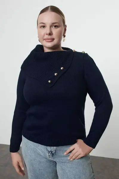 Trendyol Curve Navy Blue Wide Turtleneck Buttoned Knitwear Sweater