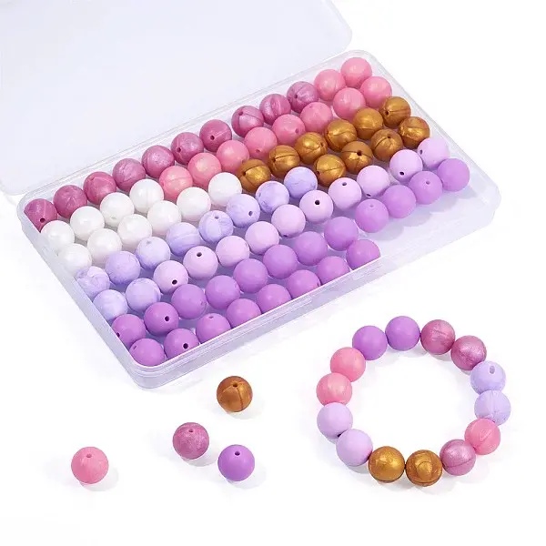 80Pcs 8 Styles Round Food Grade Silicone Beads