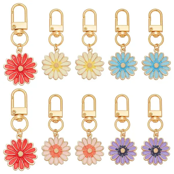 10Pcs 5 Styles Daisy Alloy Enamel Pendant Decoration