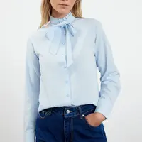 Trendyol Blue Regular Fit Woven Shirt with Closed Collar Ruffle Detail