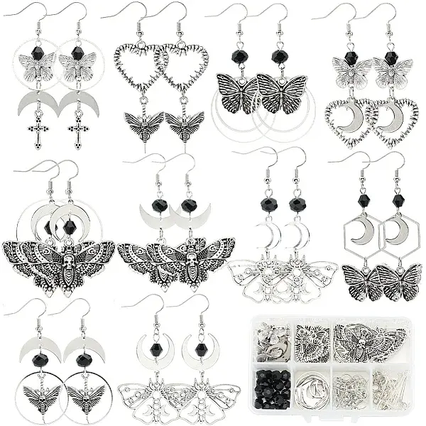DIY Alloy & Stainless Steel Goth Butterfly Moth Dangle Earring Making Kits
