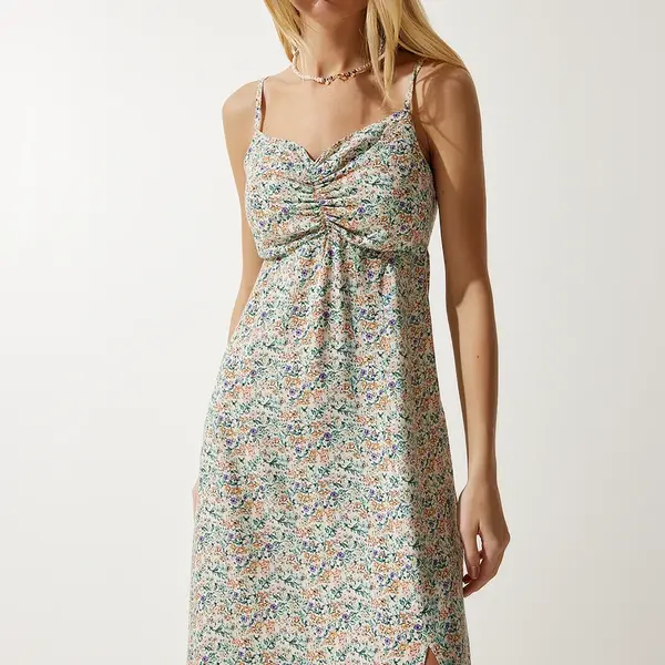 Šaty z viskózy s popruhy a vzorem v barvách krémové a zelené pro ženy od značky Happiness İstanbul