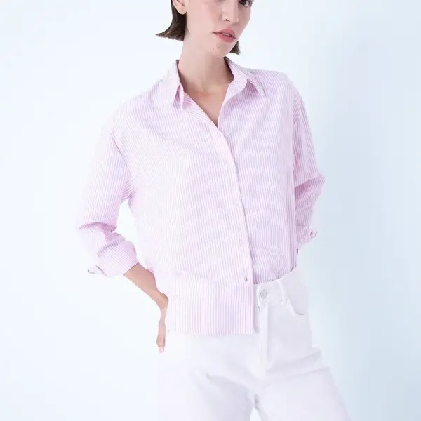 DEFACTO Oversize Wide Fit Striped Collar Beaded Oxford Long Sleeve Shirt