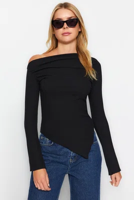 Trendyol Black Draped Boat Neck Asymmetric Flexible Long Sleeve Knitted Blouse