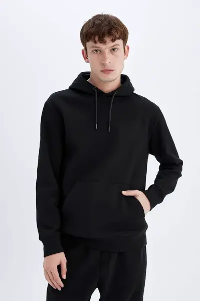 DEFACTO Regular Fit Hooded Kangaroo Pocket Soft Furry Basic Plain Sweatshirt