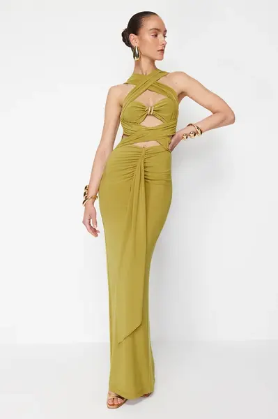 Trendyol X Zeynep Tosun Oil Green Cut Out Knitted Tie Detailed Evening Dress & Graduation Dress