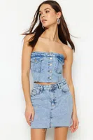 Trendyol modrý prošívaný detailní korzet bez ramínek z denimu