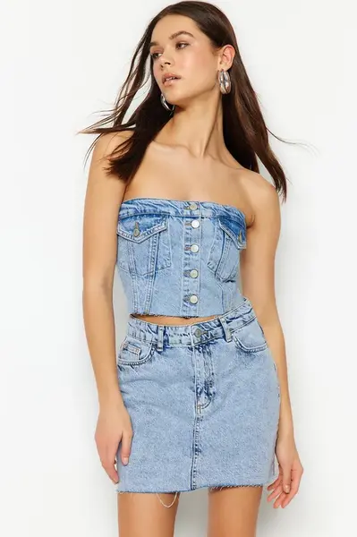 Trendyol modrý prošívaný detailní korzet bez ramínek z denimu