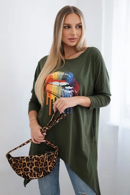 Halenka oversize s khaki potiskem duhových rtů