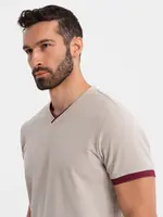 Ombre Men's T-shirt with contrasting inserts and v-neck - beige