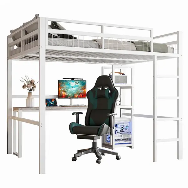 Modfu PATROVÁ postel z kovu 140x200 cm bílá s psacím stolem, policemi, zásuvkou USB a Type-C a zábradlím