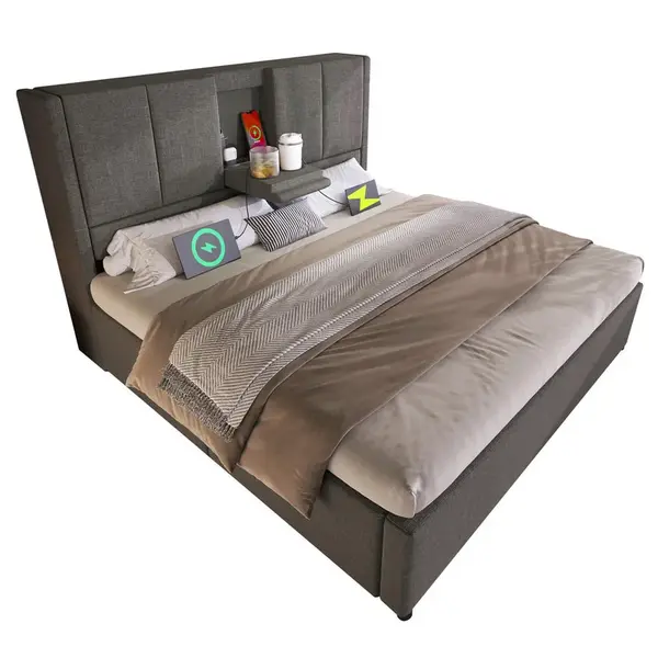 CHICFURN ČALOUNĚNÁ POSTEL 140/200 cm v šedé barvě s úložným prostorem, USB a Type-C