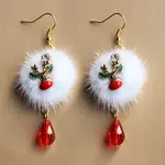 Pompon with Teardrop Alloy Rhinestone Dangle Earrings