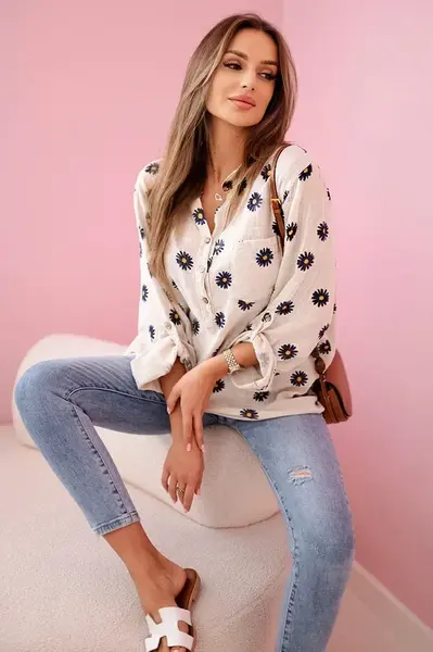 Kesi Włoski Lněná dámská halenka s květinovým vzorem, dlouhými rukávy a knoflíky Béžová