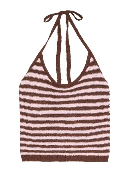 Bershka Vyšívaný top  tmavohnedá / ružová