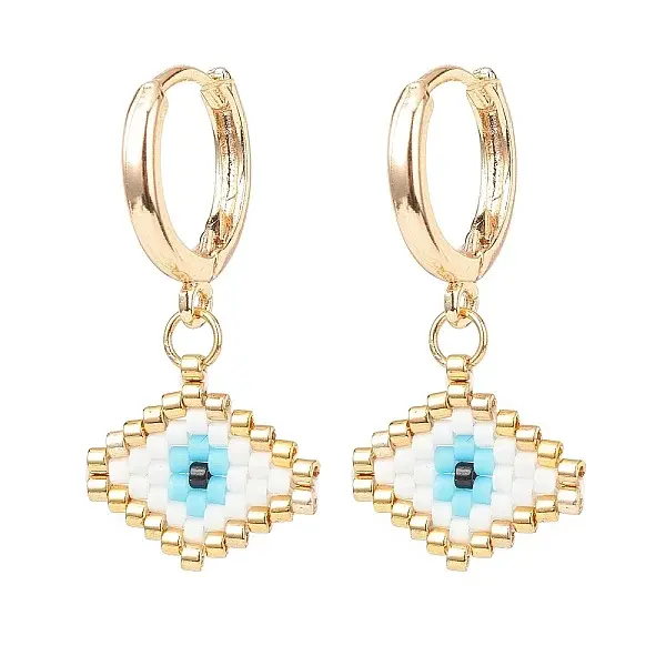 Japanese Seed Braided Rhombus with Evil Eye Dangle Hoop Earrings