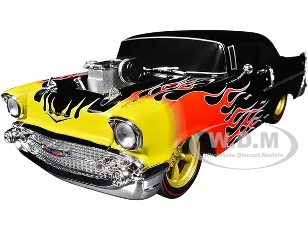 1957 Chevrolet 150 Sedan Black with Flames Graphics Limited Edition to 4250 pieces Worldwide 1/24 Diecast Model Car by M2 Machines
