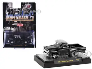 1958 Chevrolet Cameo Pickup Truck Black Metallic with Graphics and Gray Top "Lowriders" Limited Edition to 5500 pieces Worldwide 1/64 Diecast Model C