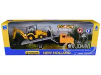 Peterbilt 335 Roll-Off Flatbed Truck and New Holland B110C Backhoe Loader with Street Signs "New Holland Construction" Diecast Models by New Ray