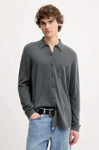 Kašmírová košile FROM FUTURE šedá barva, relaxed, s klasickým límcem, MCH02664