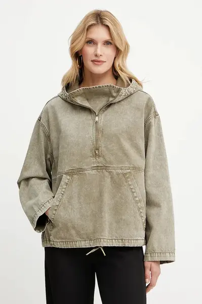 Džínová mikina MICHAEL Michael Kors dámská, zelená barva, s kapucí, hladká, MS510B44LN