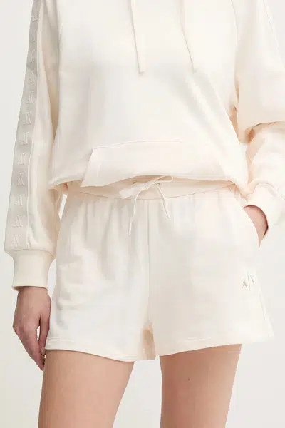 Bavlněné šortky Armani Exchange dámské, béžová barva, s potiskem, high waist, XW000498 AF12739