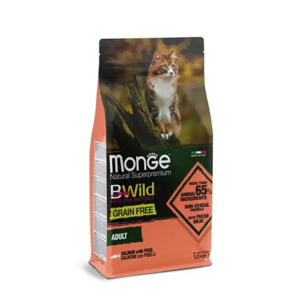 MONGE BWild Cat Adult Grain free 1,5kg bezobilninové kompletné krmivo pre dospelé mačky s lososom a hráškom