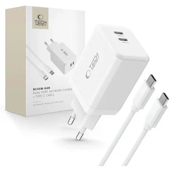 Tech-Protect NC45W GaN sieťová nabíjačka 2x USB-C 45W + kábel USB-C, biela
