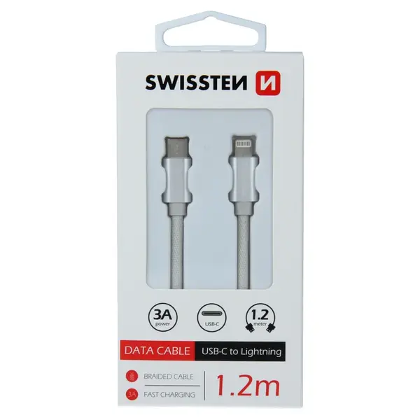 Datový kabel Swissten Textile USB-C/Lightning, 1,2m, stříbrný