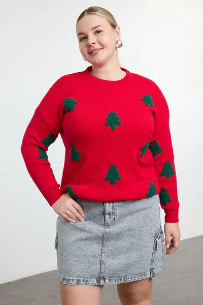 Trendyol Curve Red Embroidered New Year's Themed Knitwear Sweater